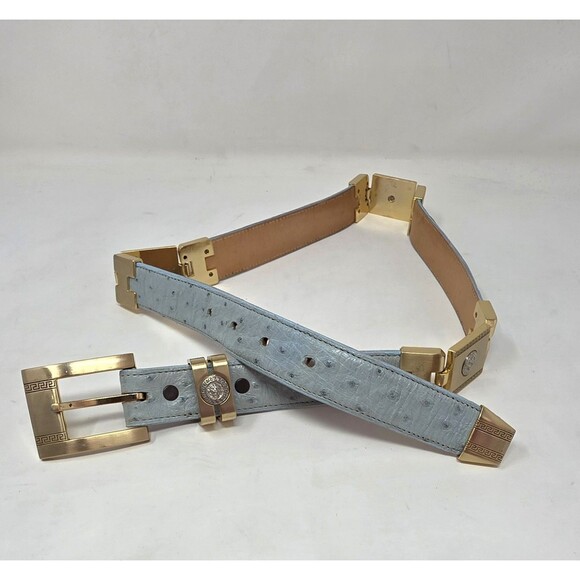 Vintage Blue Ostrich Leather Lionhead Sectional Gold Tone Link Belt 32\